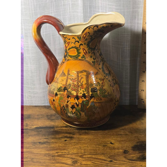 Satsuma Pitcher Vase Orange‎ Brown Vintage - Picture 4 of 13